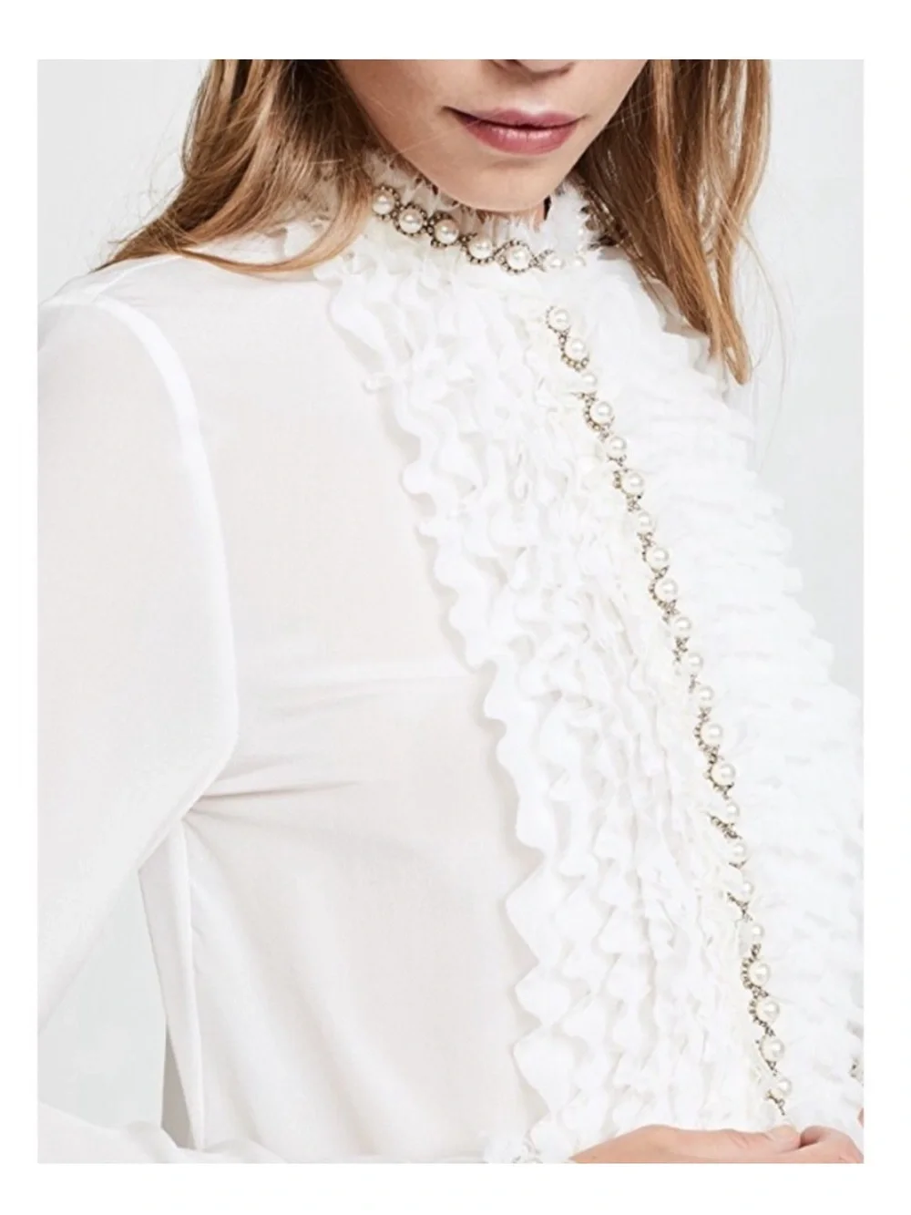 Alice and Olivia Arminda Ruffled Pearl Blouse pearl embellishments Medium Silk - Picture 1 of 17